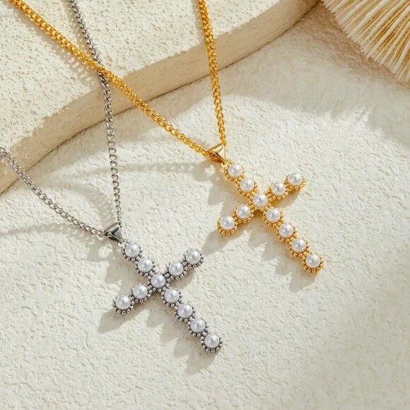 Solid Sterling Silver Womens Pearl Cross Pendant Necklace New Christian Jewelry - Picture 5 of 7